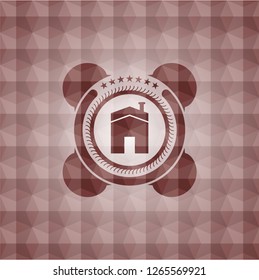house icon inside red emblem with geometric pattern background. Seamless.