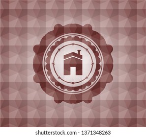 house icon inside red emblem or badge with geometric pattern background. Seamless.