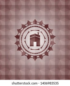 house icon inside red emblem or badge with abstract geometric polygonal pattern background. Seamless.