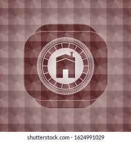 house icon inside red emblem or badge with geometric pattern background. Seamless.