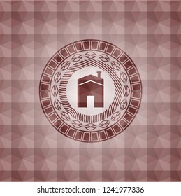 house icon inside red seamless emblem with geometric pattern background.