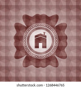 house icon inside red seamless emblem with geometric pattern.