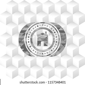 house icon inside retro style grey emblem with geometric cube white background