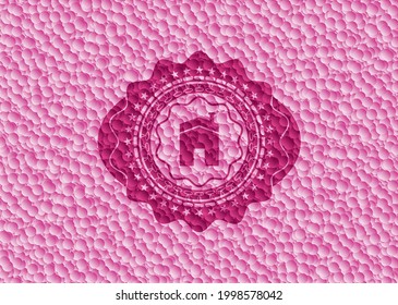 house icon inside retro style pink emblem with bubbles background. Vector Illustration. Detailed. 