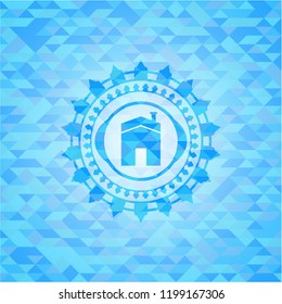house icon inside sky blue emblem with mosaic background