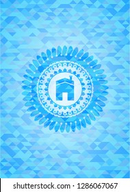 house icon inside sky blue emblem with mosaic background