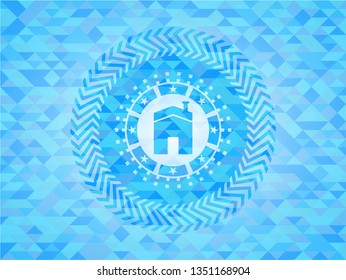 house icon inside sky blue mosaic emblem