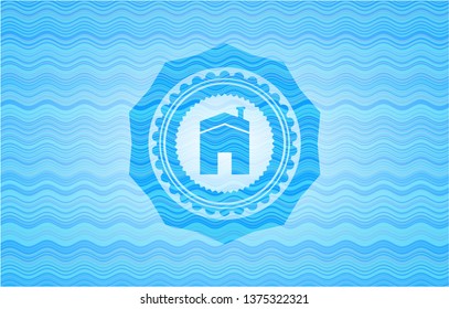 house icon inside sky blue water wave badge background.