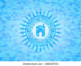 house icon inside sky blue emblem with mosaic background