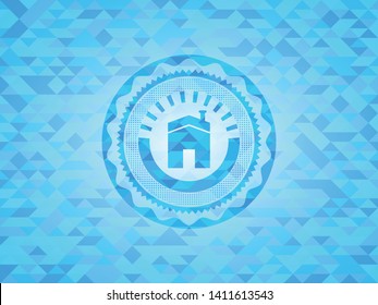 house icon inside sky blue emblem with mosaic background