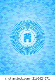 icono de la casa dentro del emblema azul cielo con fondo de estilo ecológico mosaico. 