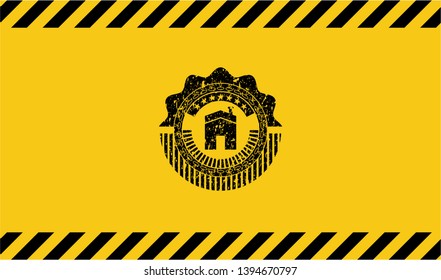 house icon inside warning sign, black grunge emblem. Vector Illustration. Detailed.