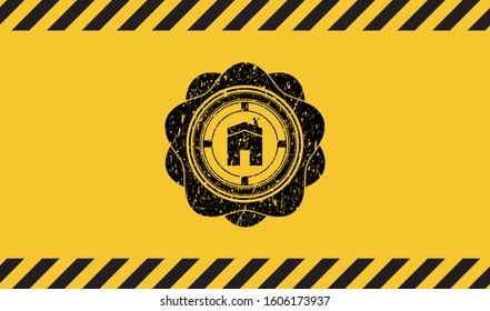 house icon inside warning sign, black grunge emblem. Vector Illustration. Detailed.