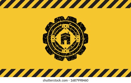 house icon inside warning sign, black grunge emblem. Vector Illustration. Detailed.