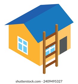 Vector isométrico del icono de la casa. Edificio residencial de una planta con escalera de madera. Bienes inmuebles