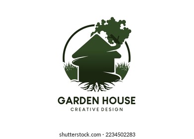 House icon logo design, green house, tree house, garden house with creative concept