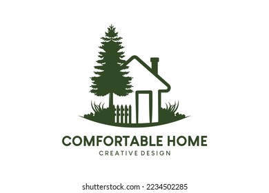 House icon logo design, hand drawn green house with trees and grass
