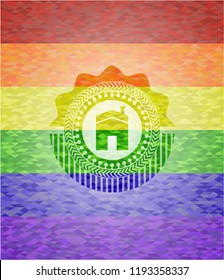 house icon on mosaic background with the colors of the LGBT flag