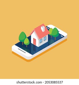 House icon on smartphone isometric view. Real estate concept. Vector illustration