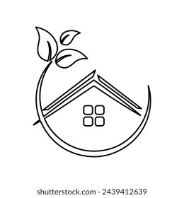 house icon on a white background, with leaves, eco, vector illustration