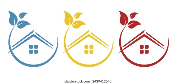 house icon on a white background, with leaves, eco, vector illustration