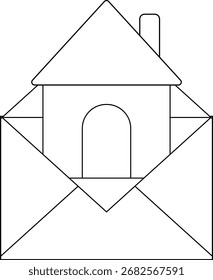 house icon and open envelope icon with white background.with black lines