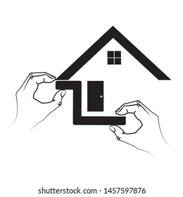 house icon with a picture of the hand below it. which illustrates the symbol that having a house to live in is not difficult