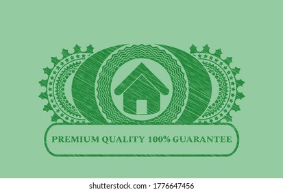 house icon and Premium quality 100% guarantee text Green stroke emblem. Eco delicate background. Artistic illustration. 