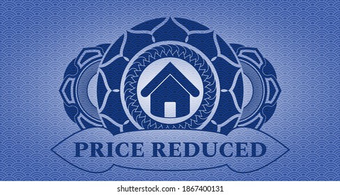 house icon and Price Reduced text blue japanese realistic badge. Geometric fashionable background. Illustration. 