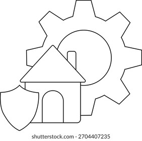 Ein Haus-Symbol wird durch ein Schild mit einem Zahnrad im Hintergrund mit sauberen Linien Kunst dargestellt geschützt