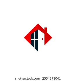 A house icon with a red roof, a black window, a white door, and a red diamond shape behind it