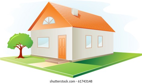 House icon with red roof and garden