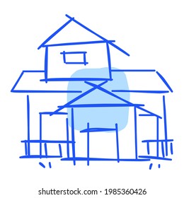 House icon of rough line art in hand drawn style, point, blue 04