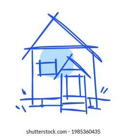 House icon of rough line art in hand drawn style, point, blue 02