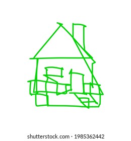 House icon of rough line art in hand drawn style, one line, green 02