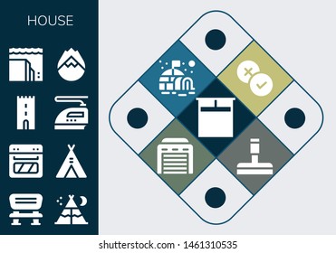 house icon set. 13 filled house icons.  Collection Of - Double bed, Bench, Tent, Oven, Tower, Iron, Landslide, Forest fire, Rate, Igloo, Garage, Glass cleaner