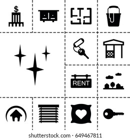 House icon. set of 13 filled houseicons such as beehouse, pillow with heart on it, key, clean, paint bucket, gazebo, rent tag, city landscape, plan, home, window shutter