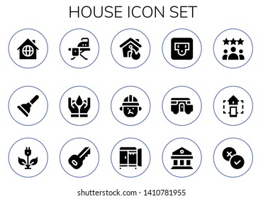 house icon set. 15 filled house icons.  Simple modern icons about  - Home, Plunger, Ironing board, Insurance, House, Architect, Socket, Caravan, Rating, Smart home, Green energy