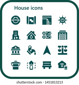 house icon set. 16 filled house icons.  Simple modern icons about  - Hamster ball, Blueprint, Landslide, Solar energy, Skyscraper, House, Woods, Garage, Courthouse, Bucket, Navigation