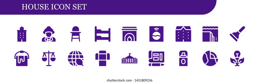 house icon set. 18 filled house icons.  Collection Of - Building, Firefighter, Baby chair, Bunk bed, Fireplace, Washing machine, Apartments, Landslide, Plunger, Bucket, Law, Ecology