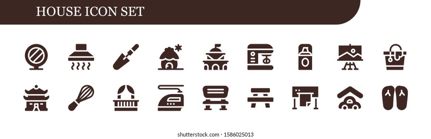 house icon set. 18 filled house icons.  Simple modern icons about  - Mirror, Hood, Scraper, Cabin, Government, Mixer, Foundation, Paint, Bucket, House, Balcony, Iron, Bench, Table