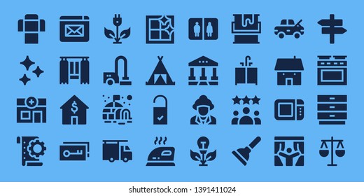 house icon set. 32 filled house icons. on blue background style Simple modern icons about  - Sofa, Clean, Veterinary, Planning, Website, Curtain, House, Key, Green energy, Vacuum cleaner