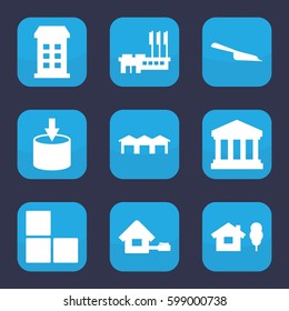 house icon. Set of 9 filled house icons such as building, brick wall, dustpan, court building, garage, home, entrance