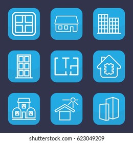House icon. set of 9 outline house icons such as window, door, business center, building
