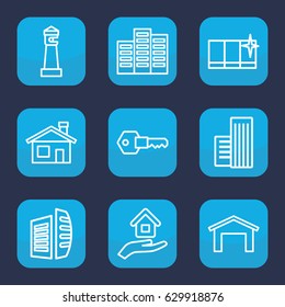 House icon. set of 9 outline house icons such as garage, house building, building, clean window, business center