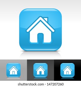 House icon set. Blue glossy web button with white sign. Rounded square shape with shadow, reflection on white, gray, black background. Vector illustration design element save in 8 eps