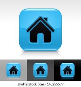 House icon set. Blue glossy web button with black sign. Rounded square shape with shadow, reflection on white, gray, black background. Vector illustration design element save in 8 eps
