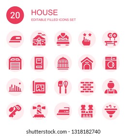 house icon set. Collection of 20 filled house icons included Ironing, Bungalow, Bed, Rate, Bench, Garage, Door, Cage, Kennel, Washing machine, Cityscape, Blueprint, Mixer, Brick wall