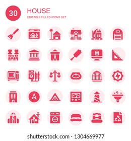 house icon set. Collection of 30 filled house icons included Broom, Homepage, Beach house, Skyscraper, Castle, Museum, Tent, Duster, Website, Microwave, Voltmeter, Balance