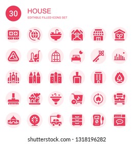 house icon set. Collection of 30 filled house icons included Stove, Eco, Sink, Avalanche, Store, Tsunami, Vacuum, Bird cage, Bed, Key, Church, Mansion, Dustpan, Building, Broom